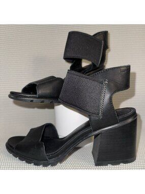 Sorel Nadia Ankle Strap Black Leather Open Toe Block Heels Sandals Size 8